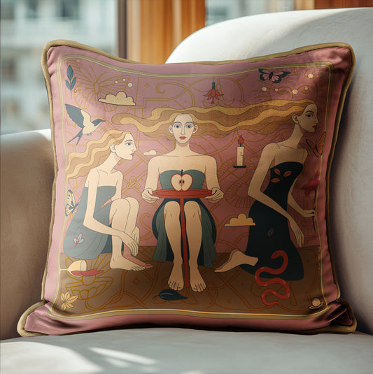 luxurious square cushion with artistic design of three women holding an apple. Designed by NOE MI