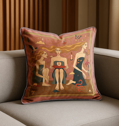 Decorative pillow with artistic design of three women holding an apple, designed by NOE MI