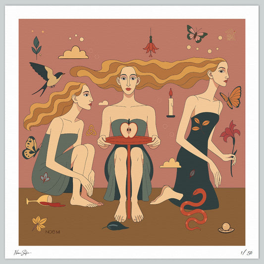 A Limited Edition NOE MI wall art print of three women with a central figure holding a heart, surrounded by nature elements.
