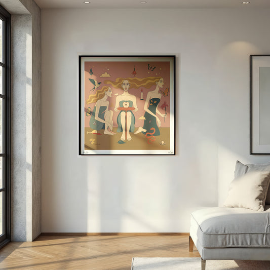 Framed Limited Edition NOE MI wall art print of three women in a modern living room with a sofa and window.