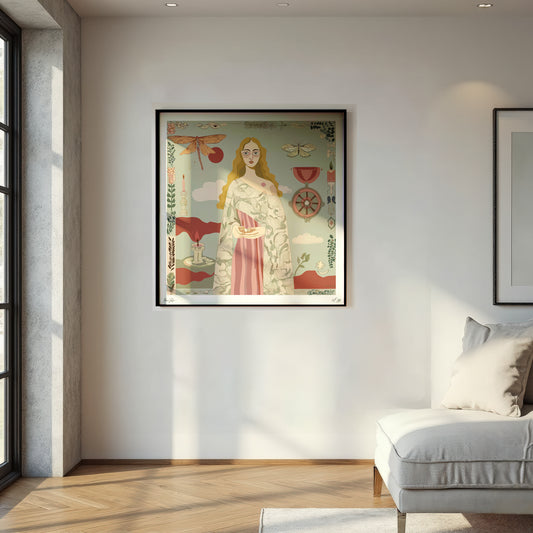 Framed artwork print by NOE MI of a woman with a dragonfly on a wall in a modern living room.