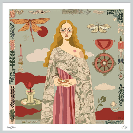 art PRINT by NOE MI  of a woman with nature elements and symbols around her