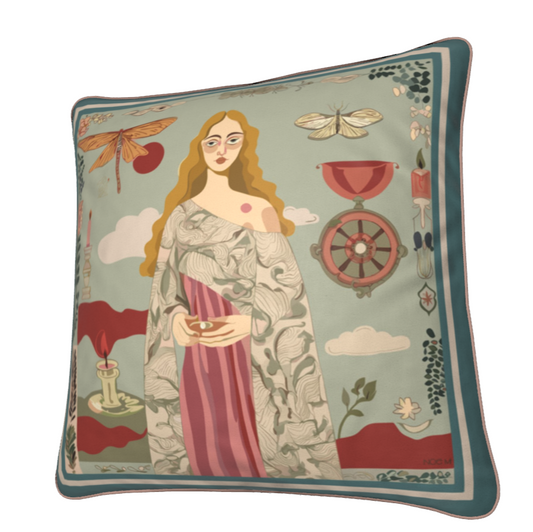 Decorative square art velvet pillow/ cushion by NOE MI  with artistic design of a woman and nature elements on a light green background