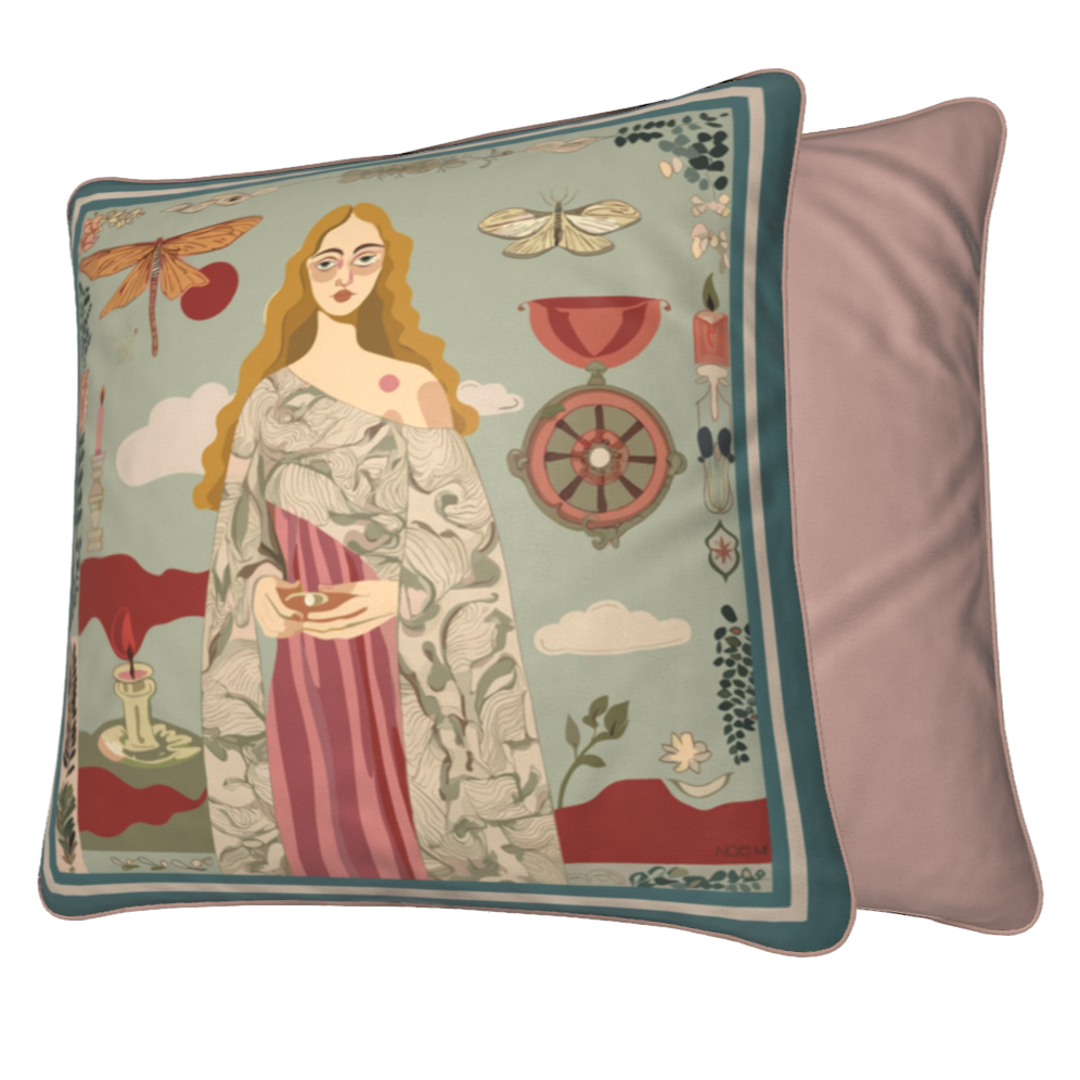 Elegant velvet cushion by NOE MI, premium pillow with artistic storytelling, global decorative home piece.