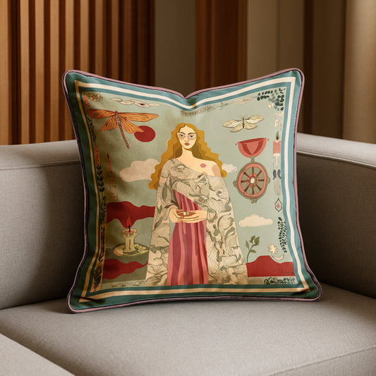 Decorative square art velvet pillow/ cushion by NOE MI with a woman's portrait and nature elements on a sofa.
