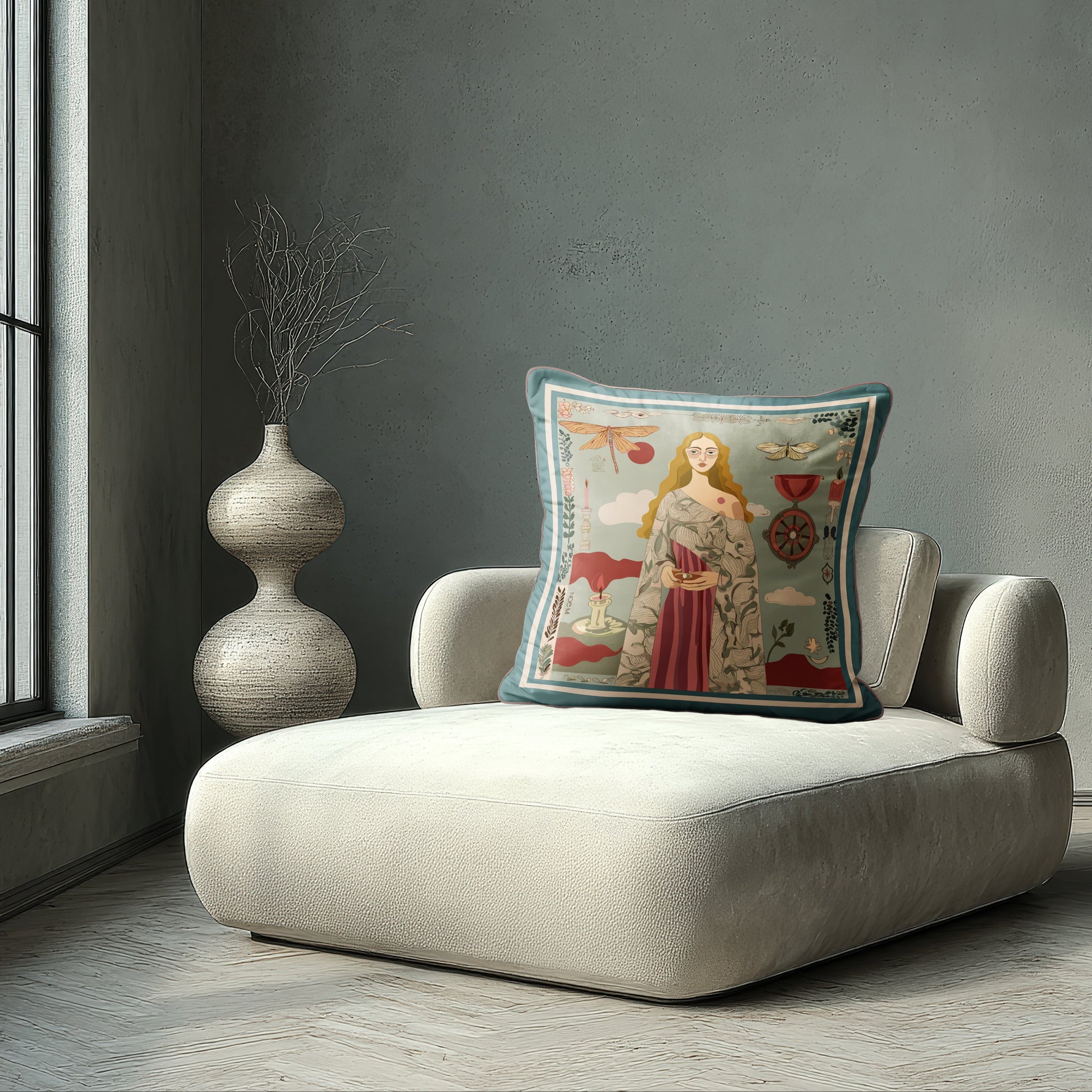 Artistic velvet pillow featuring symbolic nature and feminine storytelling, designed by NOE MI