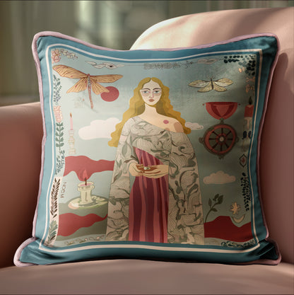 velvet shimmer art cushion with  surreal details, Collectible art pillow with figurative female portrait designed by NOE MI