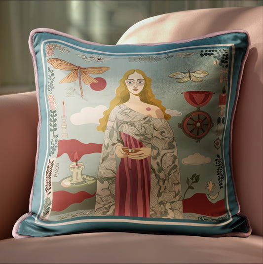 velvet shimmer art cushion with  surreal details, Collectible art pillow with figurative female portrait designed by NOE MI