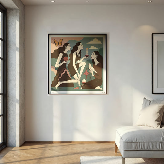 Framed  Limited Edition NOE MI wall art print of three women in a modern living room with a sofa and window.