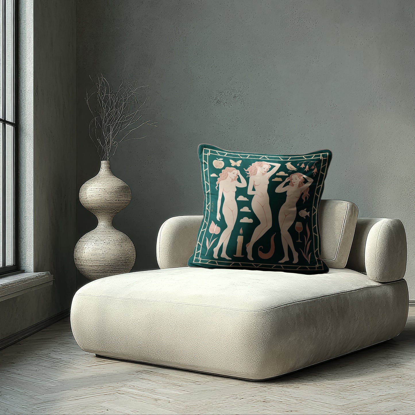 Designer velvet pillow by NOE MI, high-end cushion with unique print, collectible home décor piece.