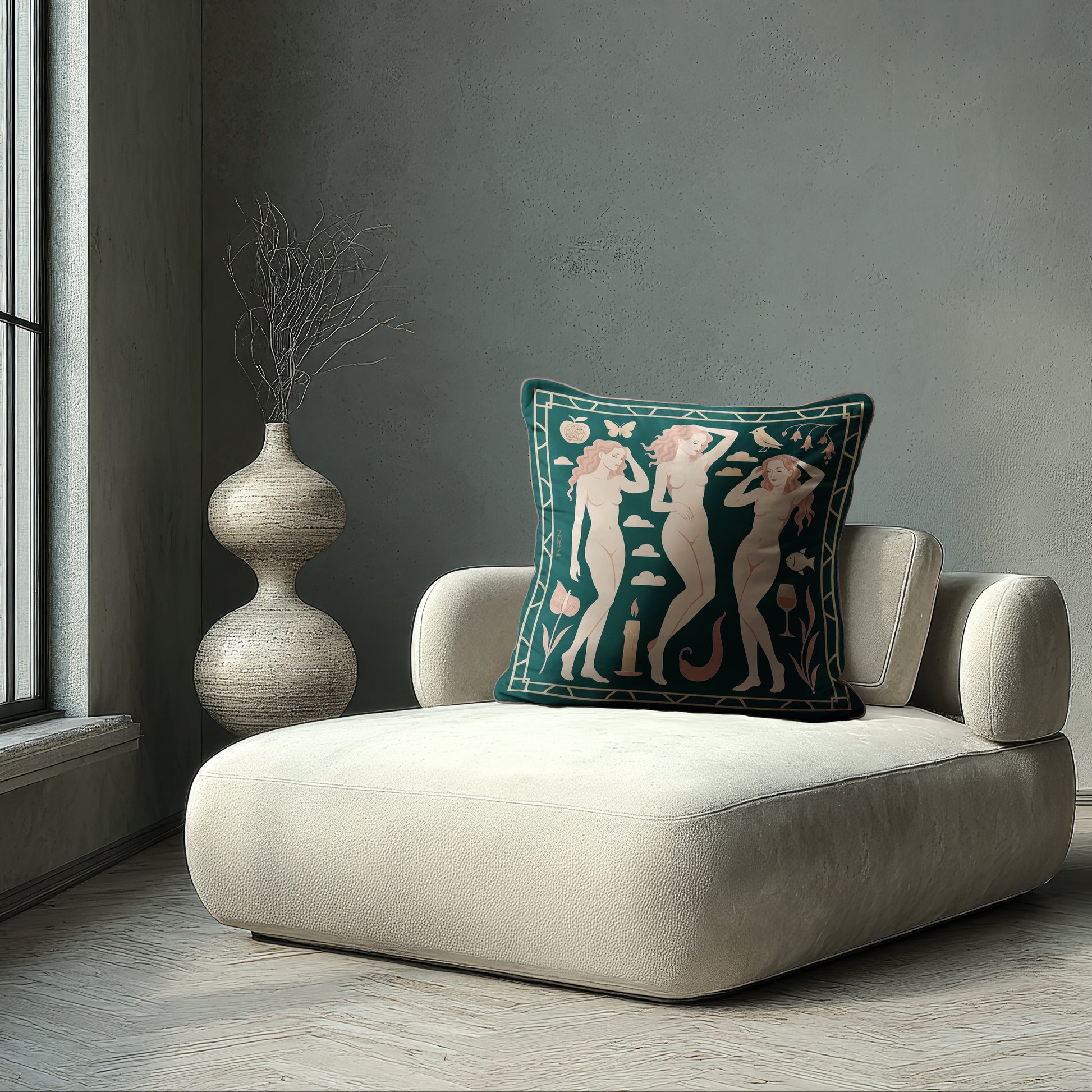 Designer velvet pillow by NOE MI, high-end cushion with unique print, collectible home décor piece.