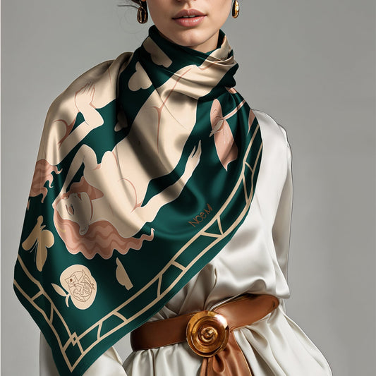 Woman wearing a Square NOE MI luxury art silk twill scarf in dark green and beige  against a plain background