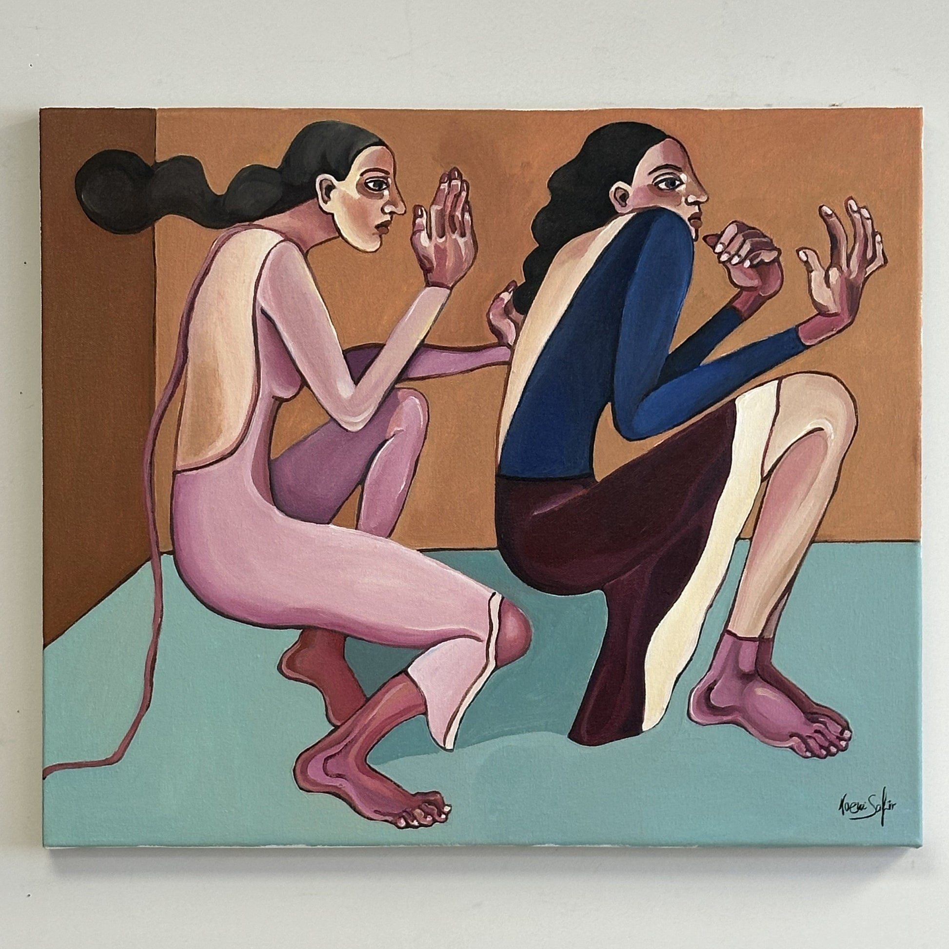 Noemi Safir painting Body Negotiation depicts two women in an intimate but tense exchange where gesture, posture and distance become emotional language.