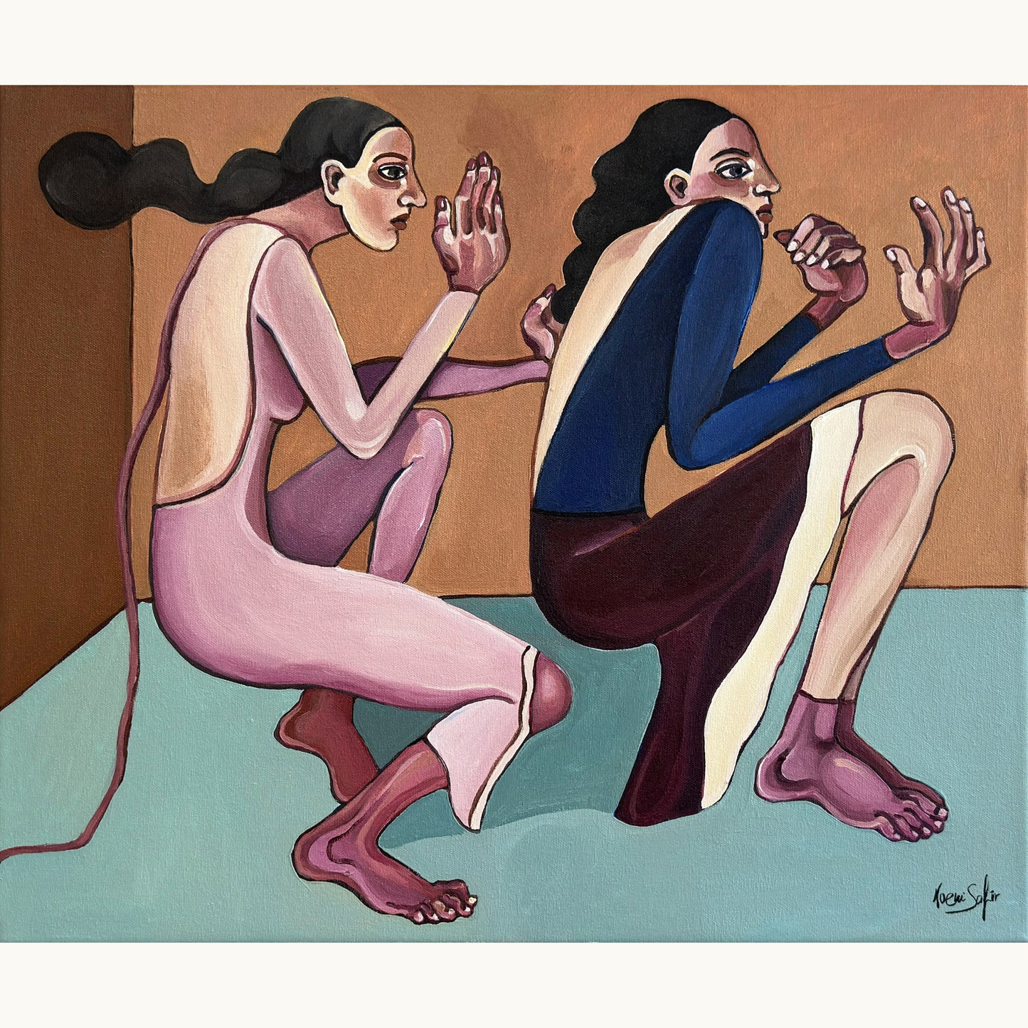 Body Negotiation by Noemi Safir is an original acrylic painting on canvas from 2026 exploring intimacy, boundaries and emotional tension between women