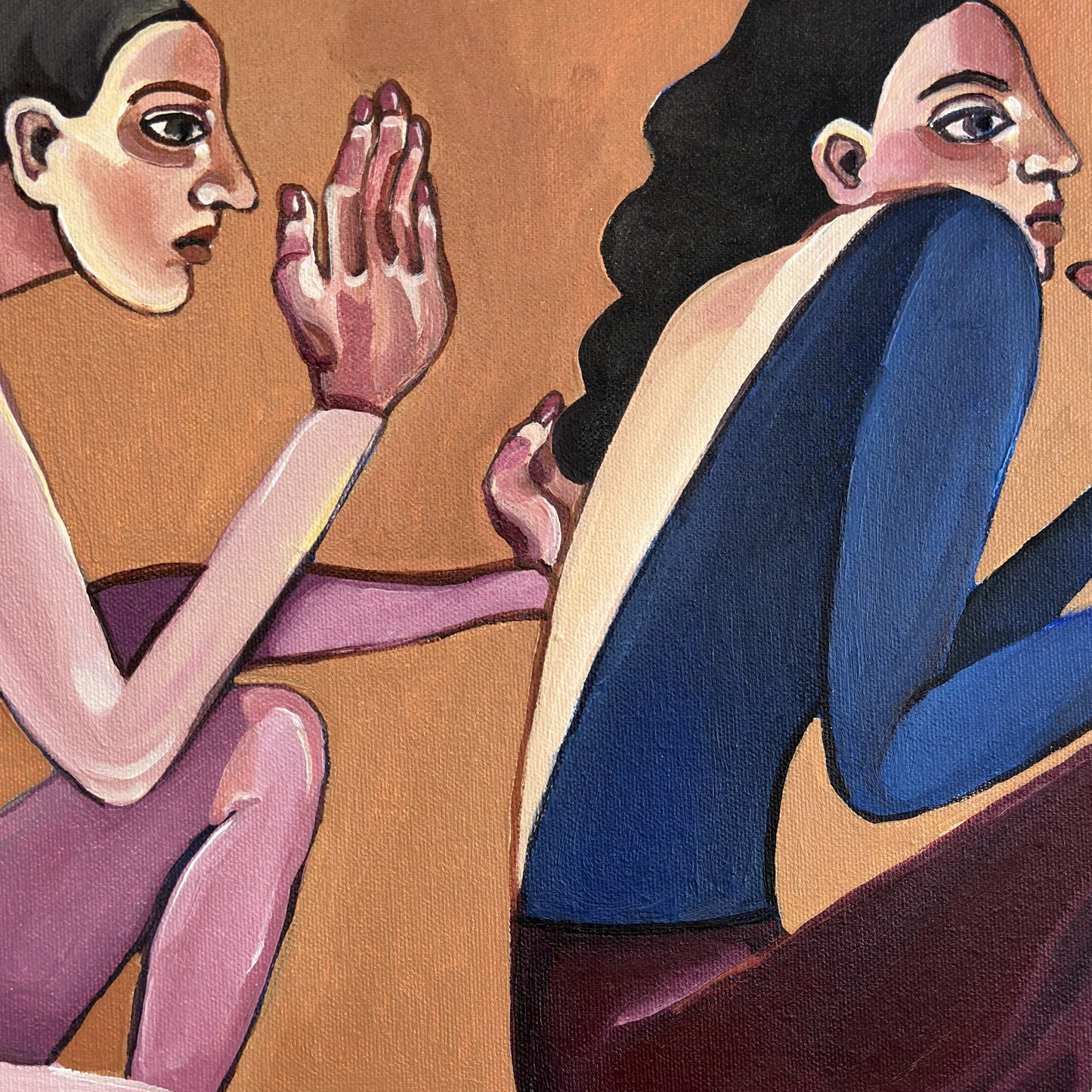 Original acrylic painting by Noemi Safir showing two female figures in a psychologically charged scene of closeness, resistance and unspoken communication.