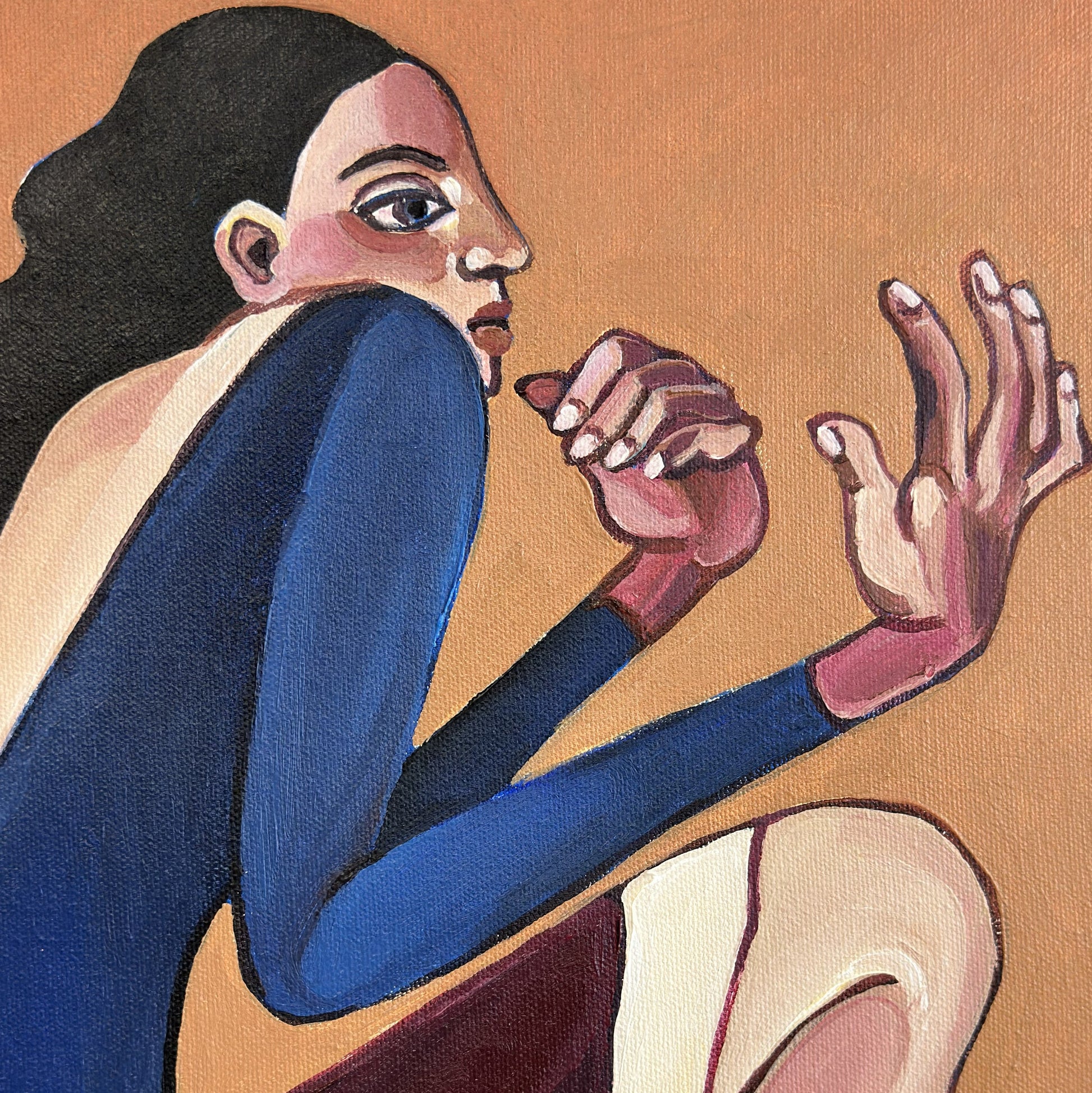 Highly collectible contemporary figurative artwork by Noemi Safir exploring body language, emotional negotiation and the complexity of female relationships.