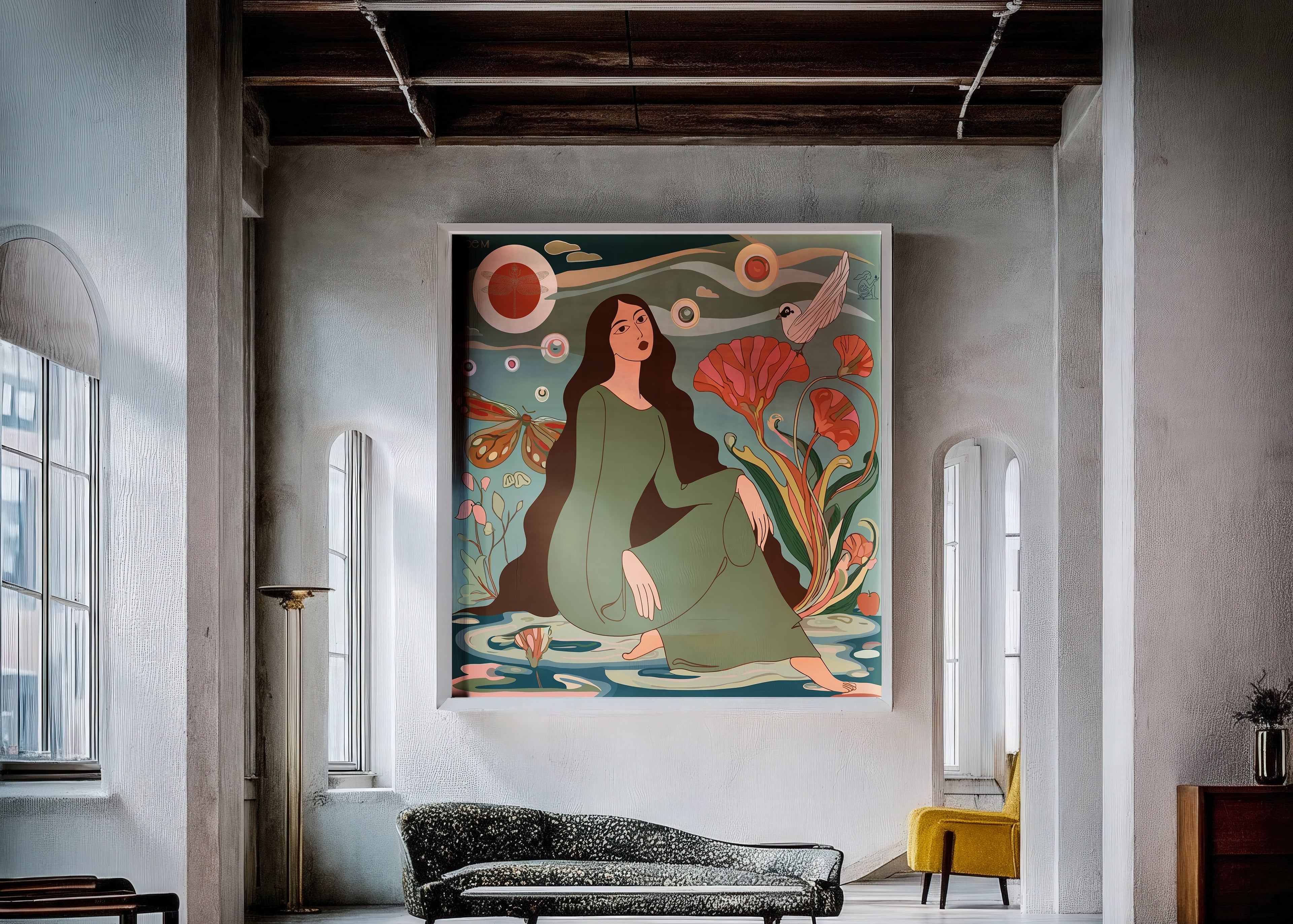 Modern interior with a large abstract painting of a woman in nature, a black sofa, and a yellow chair.