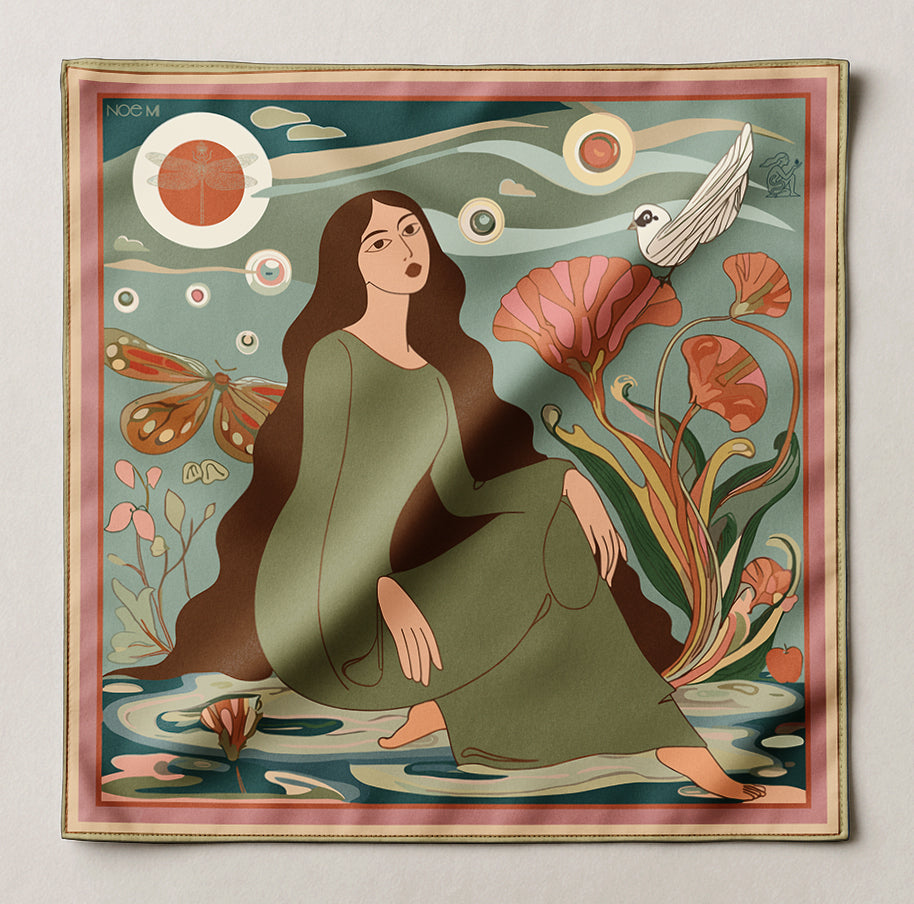 art silk scarf featuring a woman in a green dress surrounded by nature elements. botanical illustrated silk scarf. 100% silk twill scarf by NOE MI