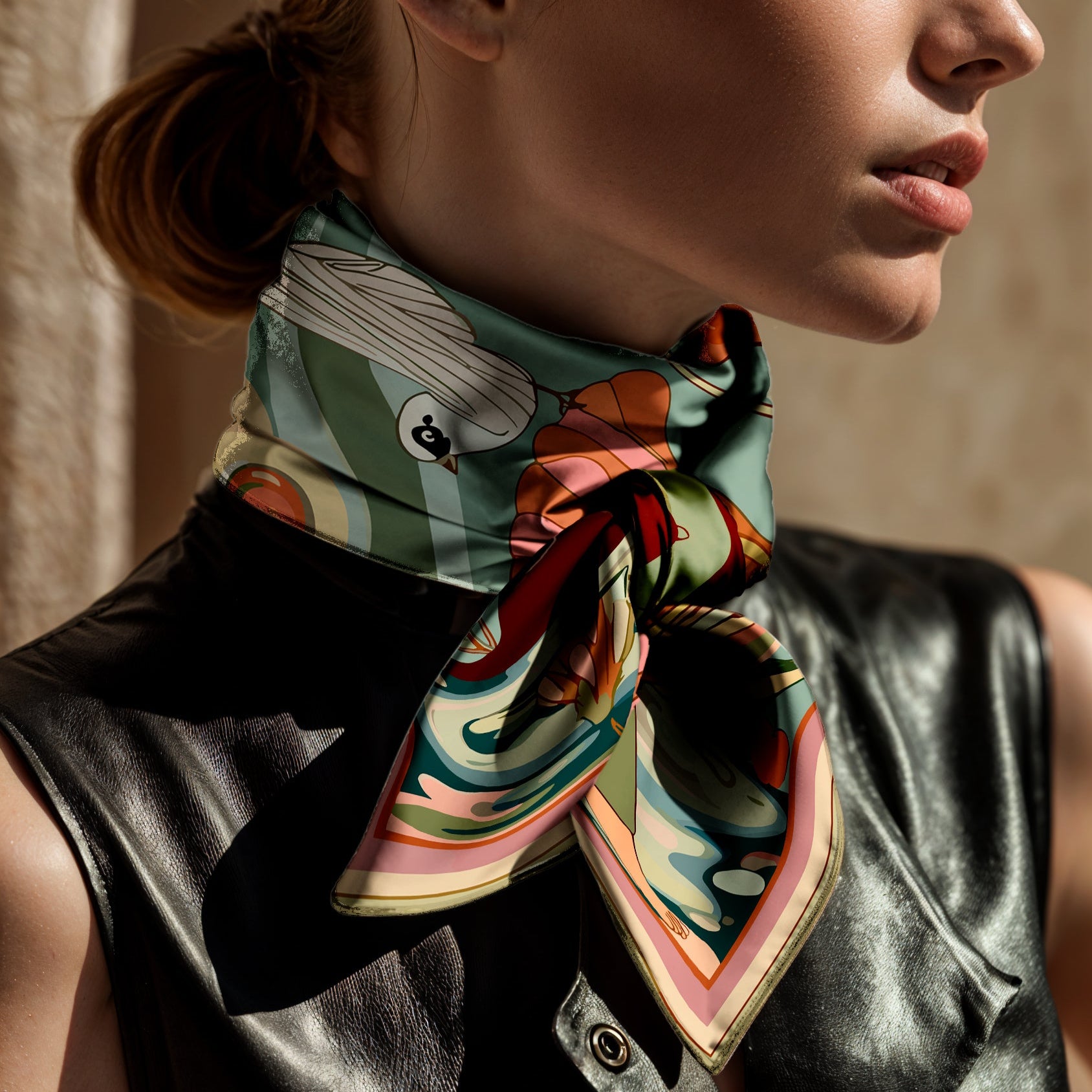 Woman wearing a colorful silk scarf by NOE MI