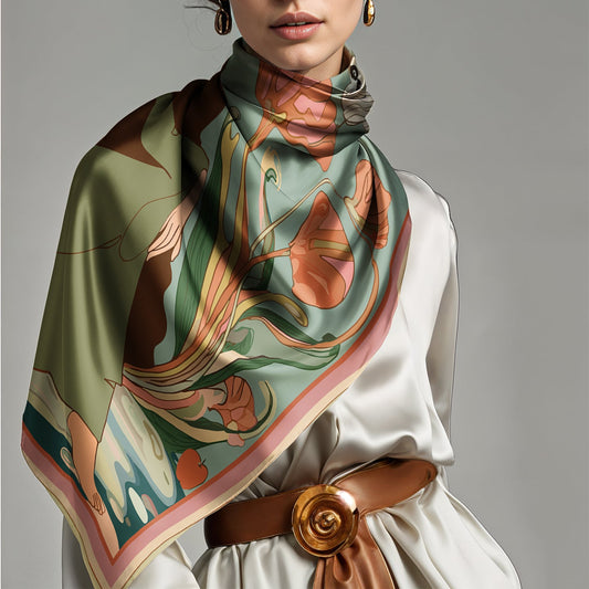 Artistic silk twill scarf of a woman in a green dress surrounded by water and nature elements like flowers and birds, designed by NOE MI