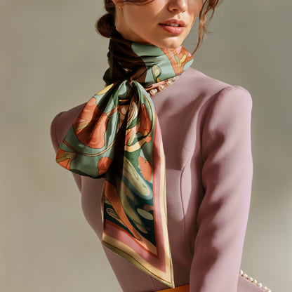Woman wearing a painted artistic silk scarf with nature motifs around her neck. 100% silk twill scarf by NOE MI