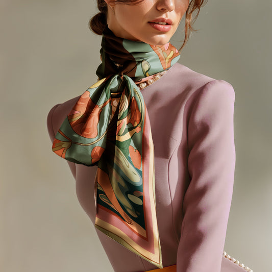 Woman wearing a painted artistic silk scarf with nature motifs around her neck. 100% silk twill scarf by NOE MI