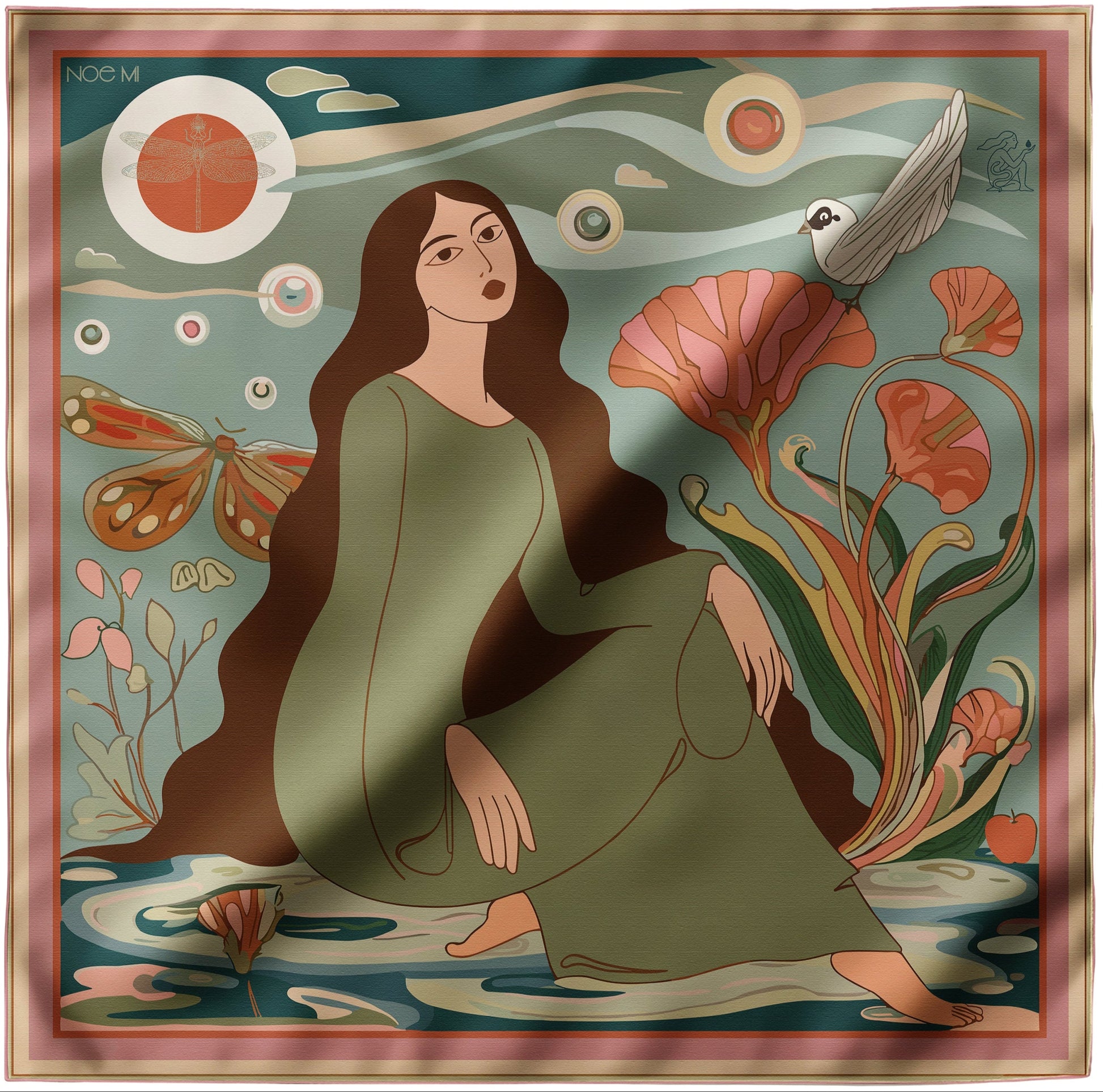 Artistic NOE MI silk twill scarf of a woman in a green dress surrounded by nature elements like flowers and birds.