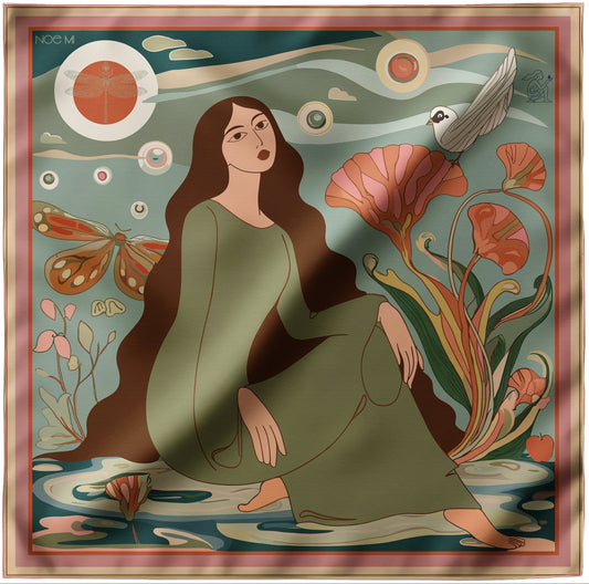 Artistic NOE MI silk twill scarf of a woman in a green dress surrounded by nature elements like flowers and birds.