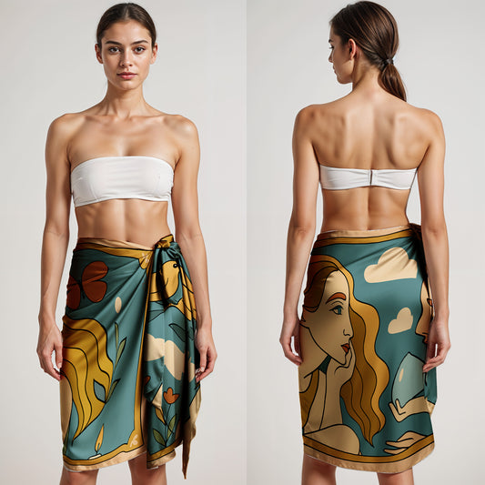Woman wearing a strapless top and a colorful silk or chiffon pareo/sarong with a design on a plain background