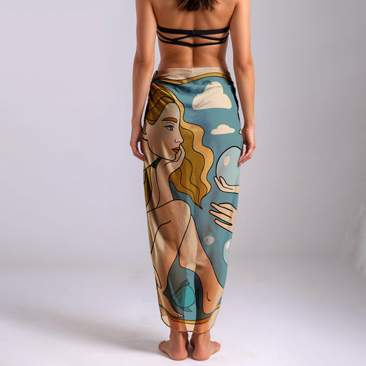 Woman wearing a colorful silk or chiffon pareo/sarong skirt with a neutral background