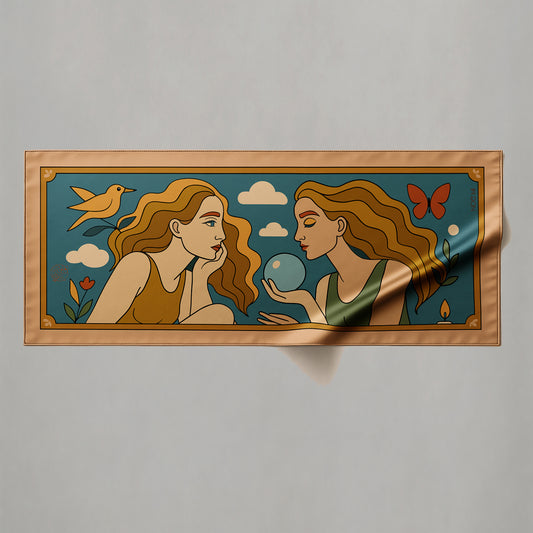 a colorful silk or chiffon pareo/sarong of two women with long hair, one holding a blue orb, on a fabric background.