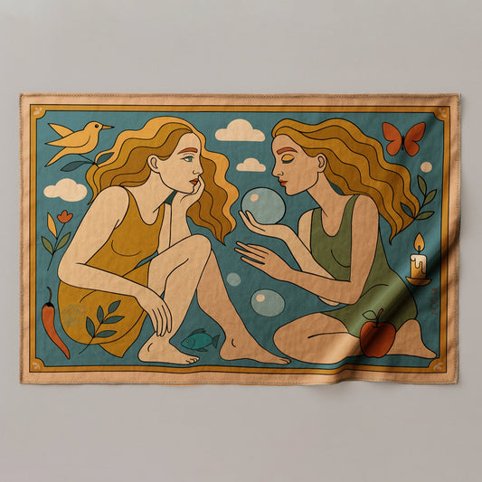 a colorful silk or chiffon pareo/sarong of two women with a crystal ball on a decorative panel.