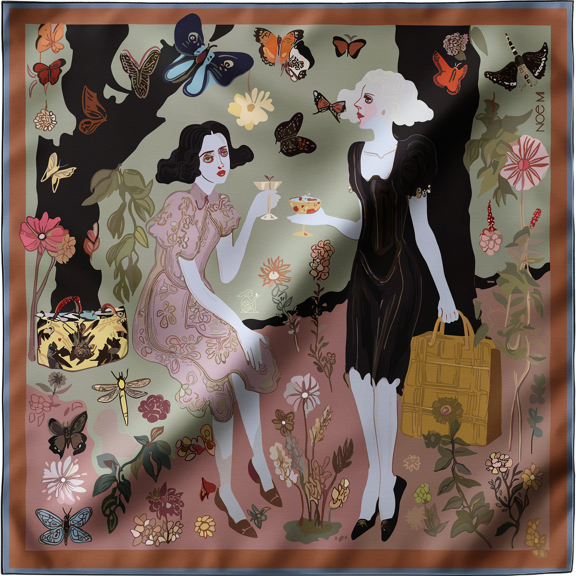 Artistic silk scarf titled “Butterfly Gossip” by NOE MI, featuring two illustrated women surrounded by butterflies, holding elegant drinks