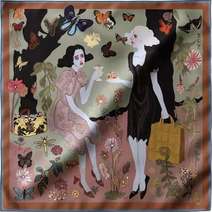 Artistic silk scarf titled “Butterfly Gossip” by NOE MI, featuring two illustrated women surrounded by butterflies, holding elegant drinks