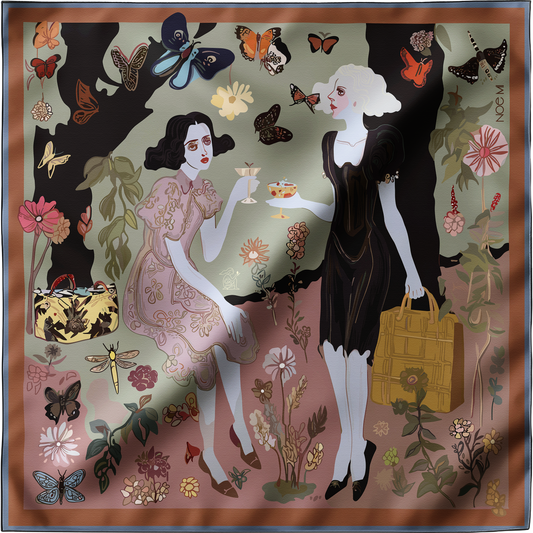 Artistic silk scarf titled “Butterfly Gossip” by NOE MI, featuring two illustrated women surrounded by butterflies, holding elegant drinks
