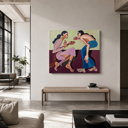 Noemi Safir contemporary figurative painting A Silent Confession, showing one seated woman in pale pink and one leaning woman in blue facing each other in emotional confrontation.