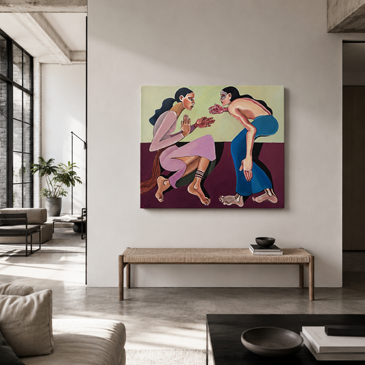 Noemi Safir contemporary figurative painting A Silent Confession, showing one seated woman in pale pink and one leaning woman in blue facing each other in emotional confrontation.
