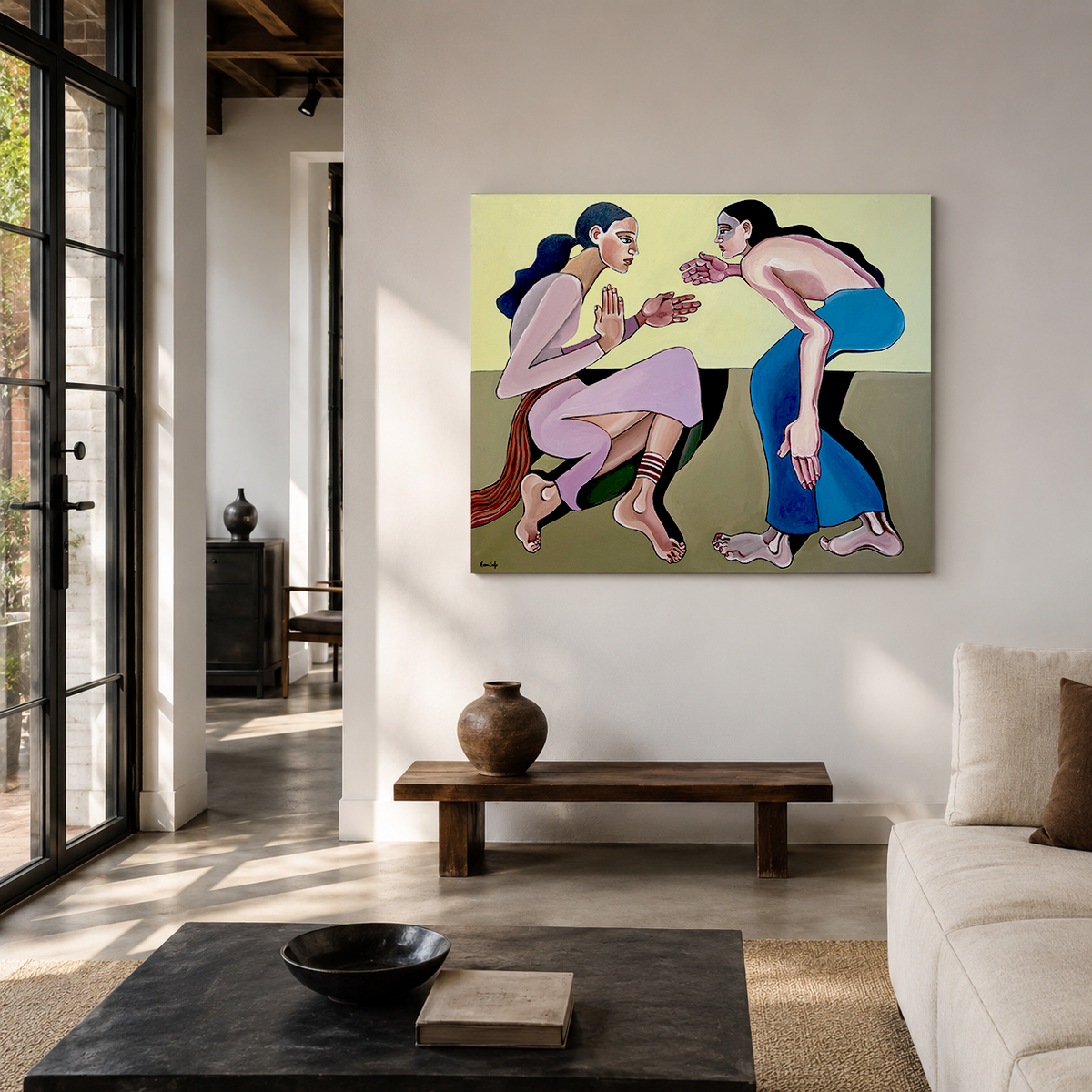 Noemi Safir contemporary figurative painting A Silent Confession, showing one seated woman in pale pink and one leaning woman in blue facing each other in emotional confrontation.
