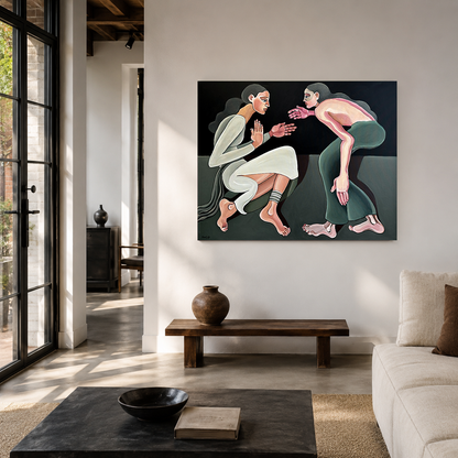 Noemi Safir contemporary figurative painting A Silent Confession, showing one seated woman in pale pink and one leaning woman in blue facing each other in emotional confrontation.