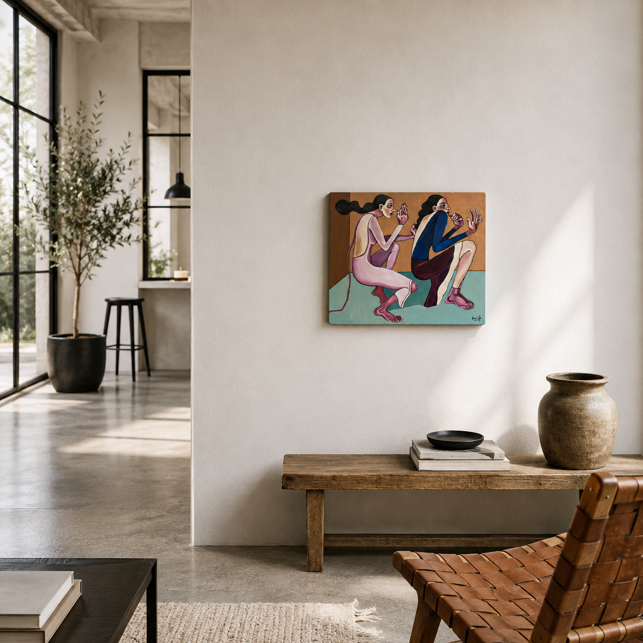 Contemporary figurative painting by Noemi Safir titled Body Negotiation showing two female figures in a charged moment of closeness and hesitation.