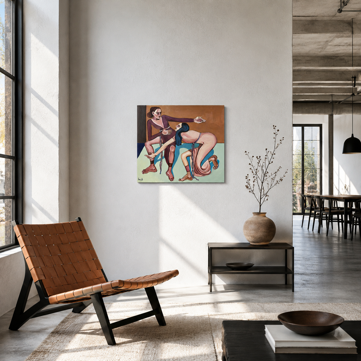 Contemporary figurative painting by Noemi Safir titled Emotional Gravity showing two female figures in a charged moment of closeness and attachment.