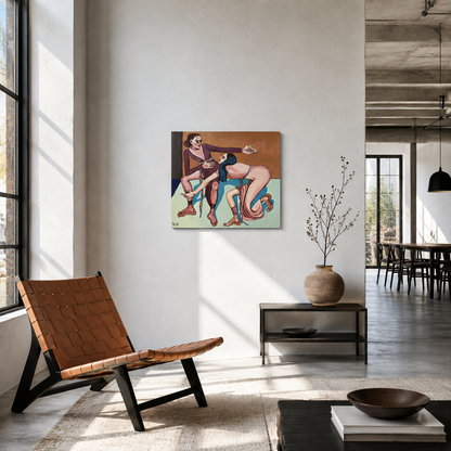 Contemporary figurative painting by Noemi Safir titled Emotional Gravity showing two female figures in a charged moment of closeness and attachment.