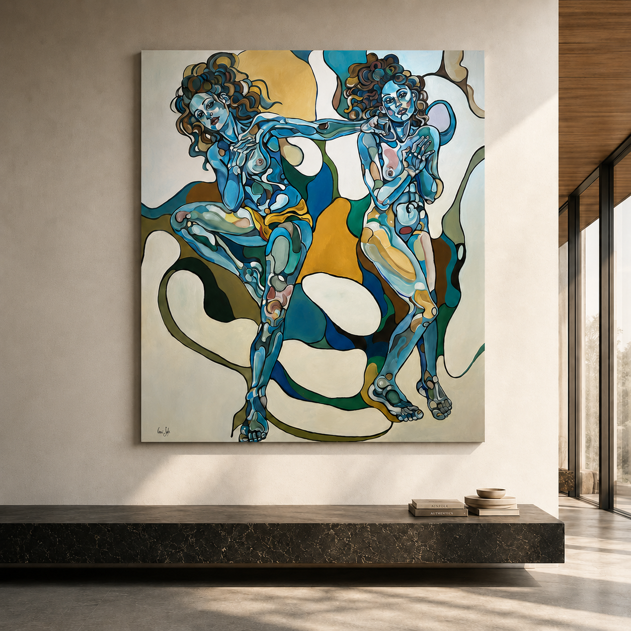 This Wild Dance Never Ends by Noemi Safir, original painting from Wild Girls Don’t Apologize, featuring two women caught in a continuous emotional and symbolic dance.