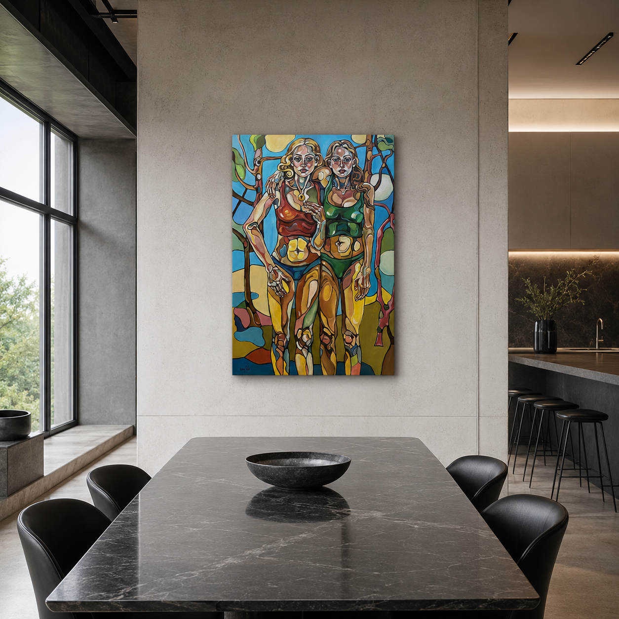 Until Dawn Breaks original acrylic on canvas by Noemi Safir, a symbolic figurative painting about female alliance, endurance, watchfulness, and shared emotional presence.