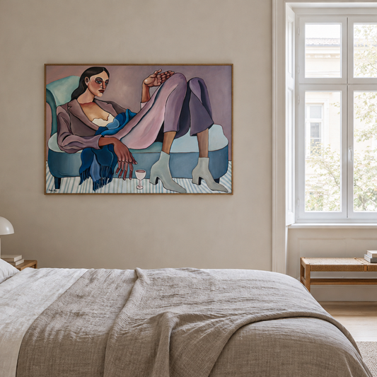Original figurative painting by Noemi Safir showing a reclining female figure resting on a sofa with one hand raised.