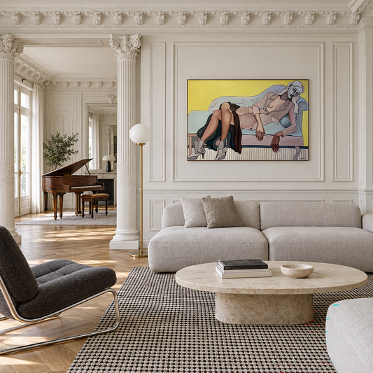 Original figurative painting by Noemi Safir showing a female figure stretched across a blue sofa with her boots still on.