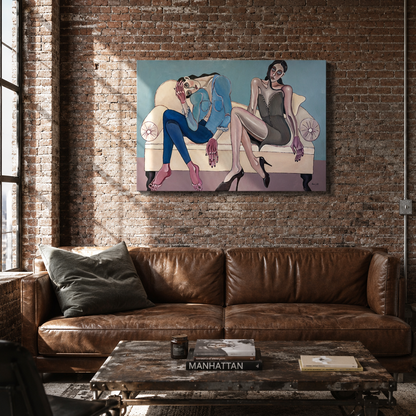 Original painting by Noemi Safir showing two women sharing a couch while their body language reveals closeness, silence and emotional distance.