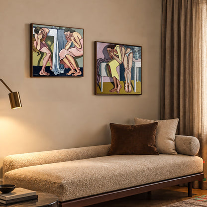 Original figurative painting by Noemi Safir showing two female figures separated by a table in an emotionally charged domestic scene.