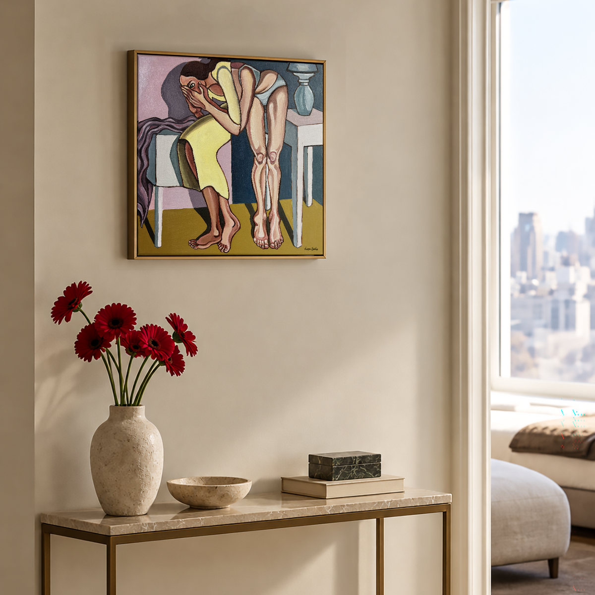 Original figurative painting by Noemi Safir showing two female figures physically intertwined until their bodies appear to merge.