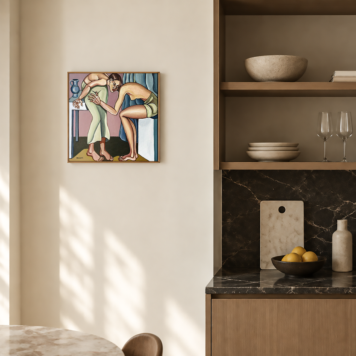 Original figurative painting by Noemi Safir showing two female bodies connected through weight, touch and physical adjustment.